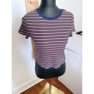 Eye Candy Retro Stripe Ribbed Crop Tee Large Lettuce Hem Y2K